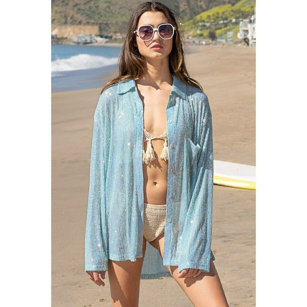 Life's a Party Sequin Button-Up Shirt in Aqua - Picture 6 of 8
